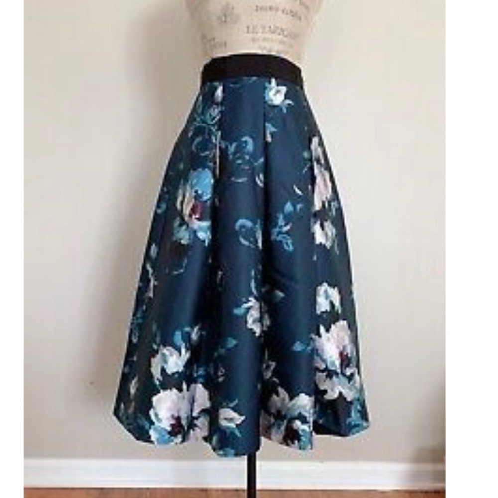 White House Black Market satin teal blue floral FULL midi skirt